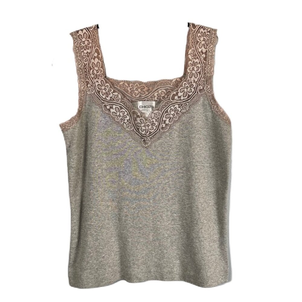 CHICOS Gray Lace-Trim Cotton Tank - Size 0 (S/4)